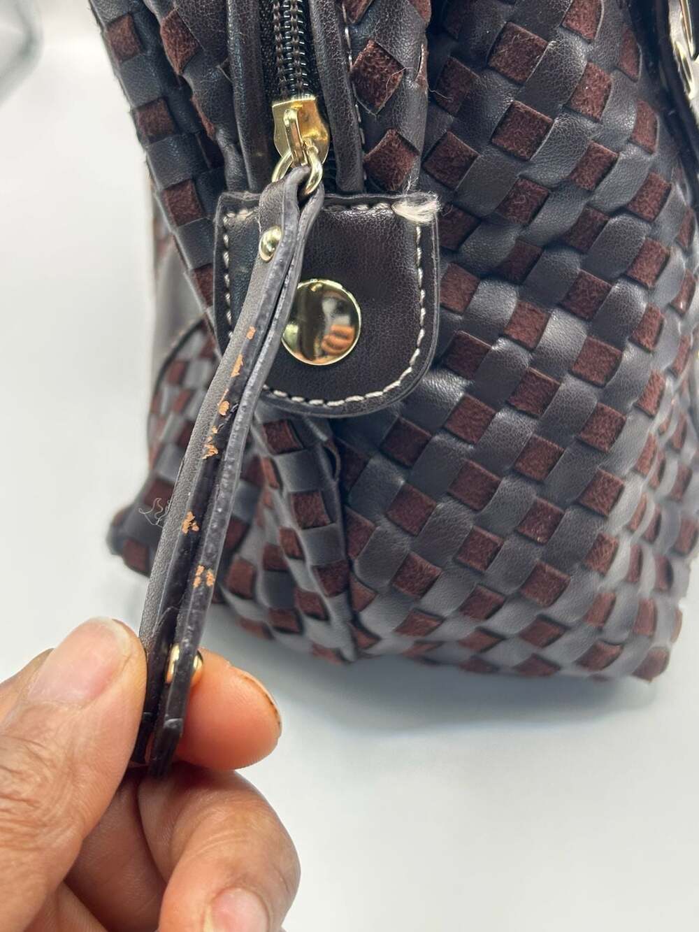 Vintage Brown Woven Satchel with Gold Tone Buckle Detail - Picture 10 of 12